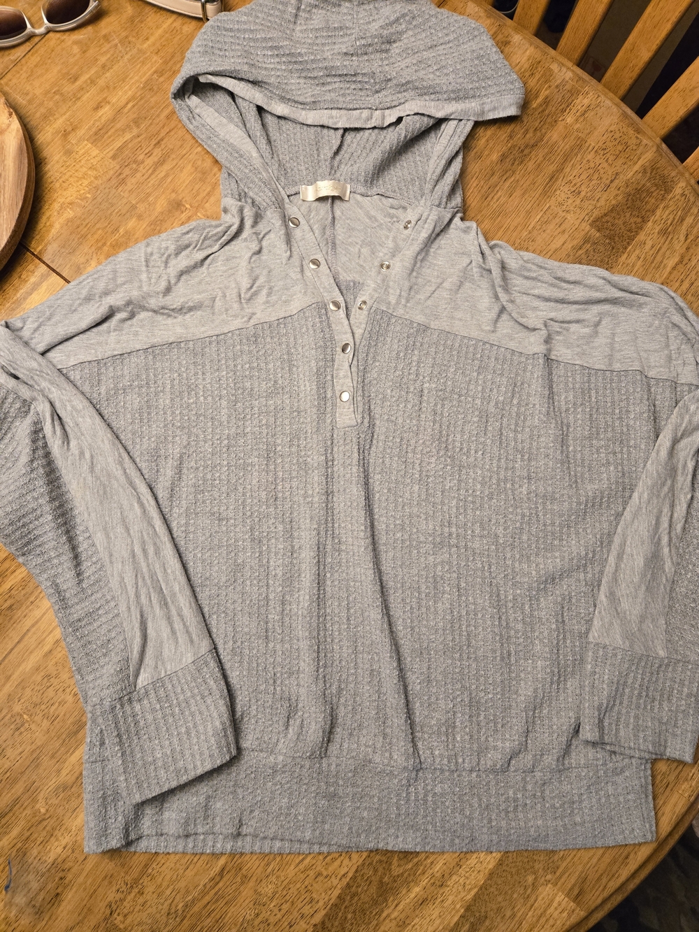 Light Gray Long Sleeve Hooded Knit Top with Snap Placket